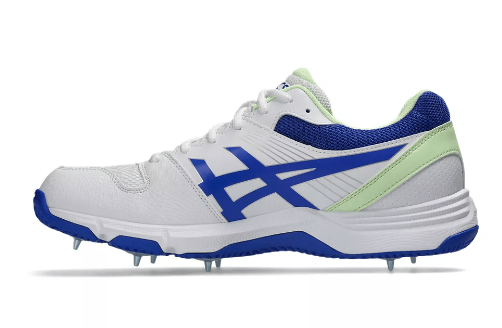 Asics 100 Not Out Cricket Spikes White/Neon Blue - The Cricket & Football Warehouse