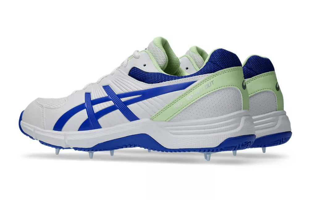 Asics 100 Not Out Cricket Spikes White/Neon Blue - The Cricket & Football Warehouse