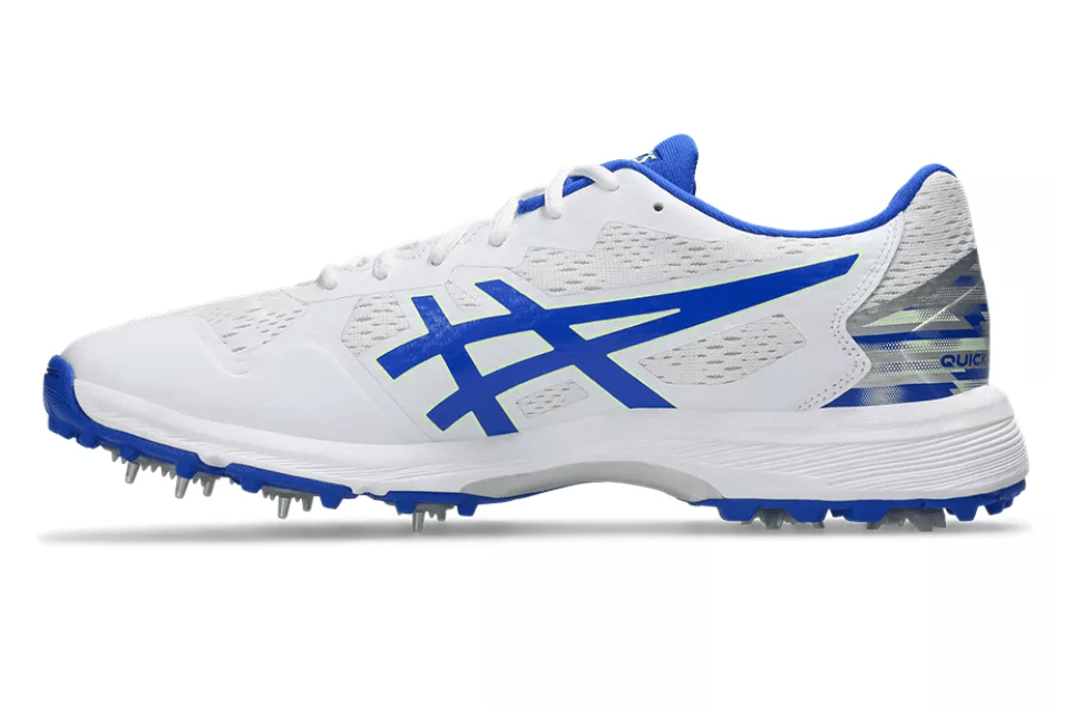 Asics Quick Single Cricket Spikes White/Neon Blue - The Cricket & Football Warehouse