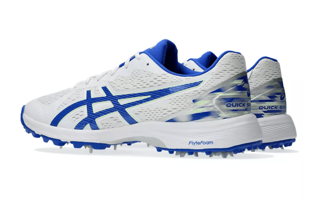Asics Quick Single Cricket Spikes White/Neon Blue - The Cricket & Football Warehouse