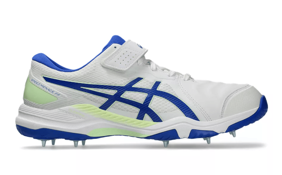 Asics Speed Menace Cricket Spikes White/Neon Blue - The Cricket & Football Warehouse