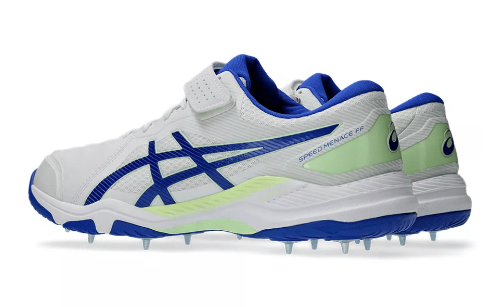 Asics Speed Menace Cricket Spikes White/Neon Blue - The Cricket & Football Warehouse