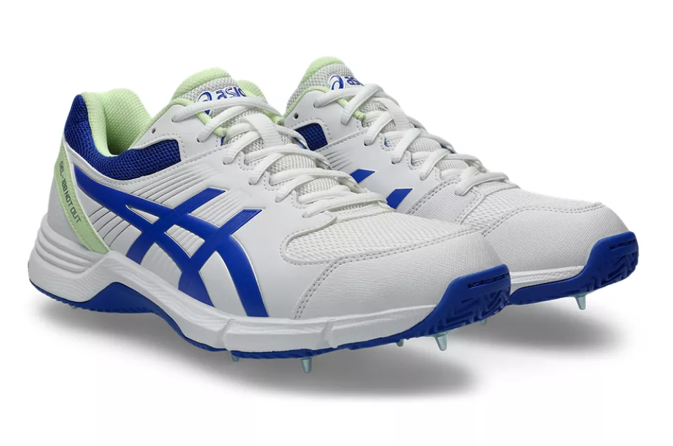 Asics 100 Not Out Cricket Spikes White/Neon Blue