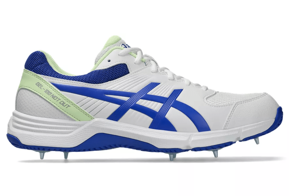 Asics 100 Not Out Cricket Spikes White/Neon Blue - The Cricket & Football Warehouse