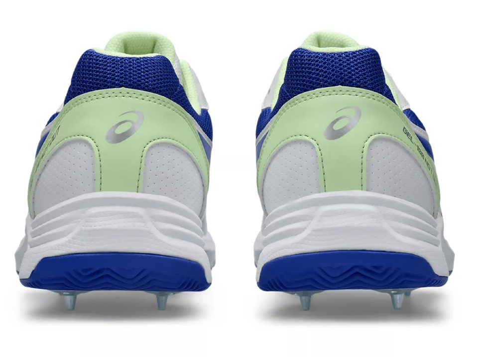 Asics 100 Not Out Cricket Spikes White/Neon Blue - The Cricket & Football Warehouse