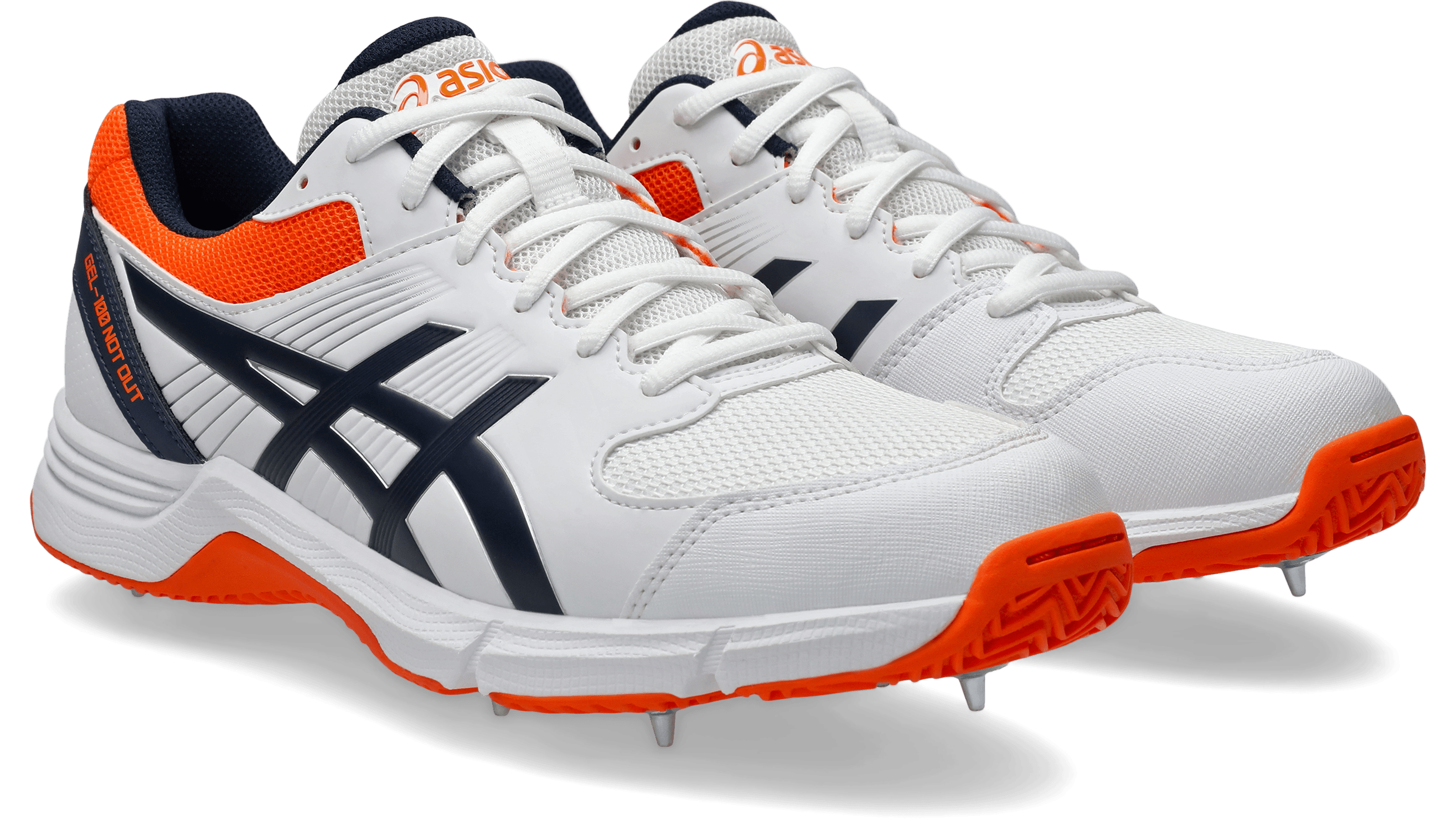 Asics 100 Not Out Cricket Spikes White/Orange - The Cricket & Football Warehouse