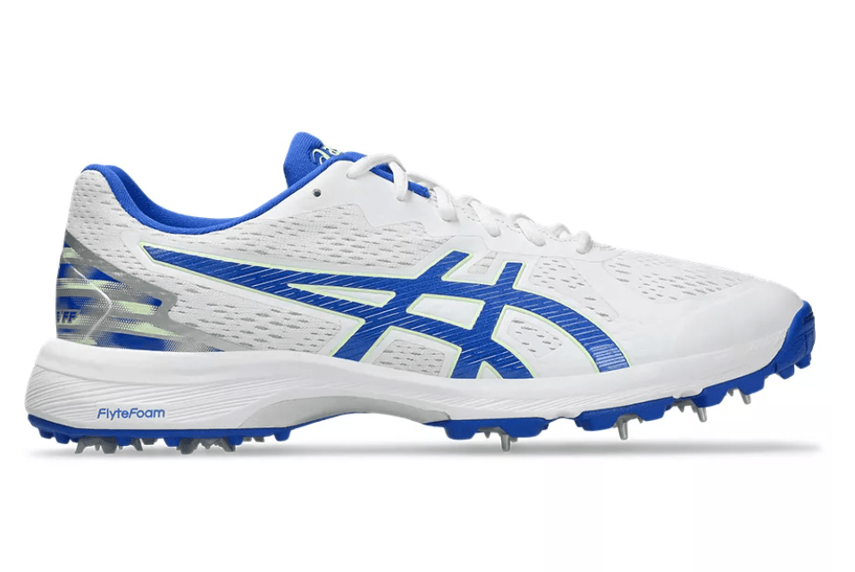 Asics Quick Single Cricket Spikes White/Neon Blue - The Cricket & Football Warehouse